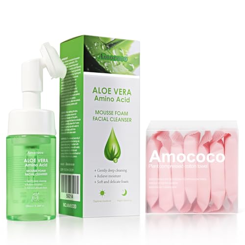 Amococo 1 Packs Aloe Vera Amino Acid Mousse Foam Facial Cleanser for Sensitive Skin, Gentle...
