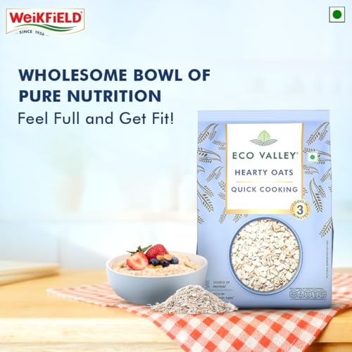 Image of Eco Valley Hearty Oats in Pouch 1 Kg| Rich in Protein and Fibre| Rolled Oats Natural Wholegrain| Nutritious Breakfast Cereals| 100% natural grain| Cooks in 3 Minutes|Quick Cooking Oats| No added Sugar