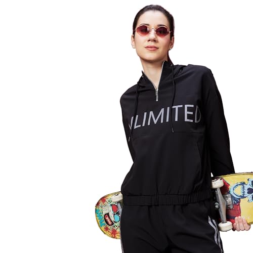 Image of Globus Women Black Typography Print Long Sleeves Hooded Bomber Jacket-3640090001