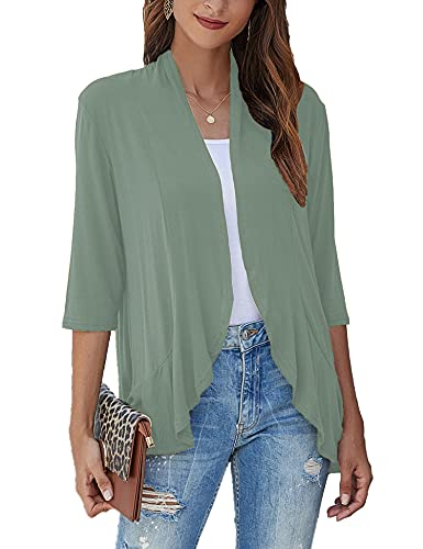 Image of Bluetime Women Casual Lightweight Open Front Cardigans Soft Draped Ruffles 3 /4 Sleeve Cardigan (S-3XL)