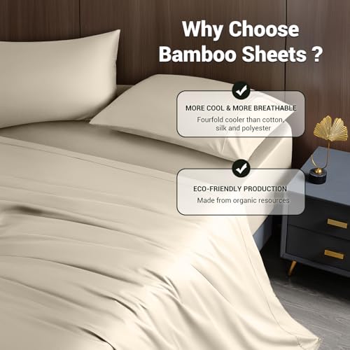 Image of Shilucheng 4 Piece King Sheet Sets, Cooling Sheets, Blend Rayon Derived from Bamboo, Deep Pocket Up to 16 inch, Breathable & Soft Bed Sheets, Hotel Silky Bedding Set, Sand