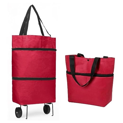 YASYU Foldable Shopping Bag with Wheels Folding Shopping Trolley Tote Bag on Wheels Collapsible Shopping Cart Bags 2 in 1 Reusable Grocery Bags Travel Bag(Red)
