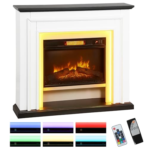 HOMCOM Cheminée électrique 1800W, lumières LED RGB, Effet Flamme à 3 Niveaux de luminosité,...