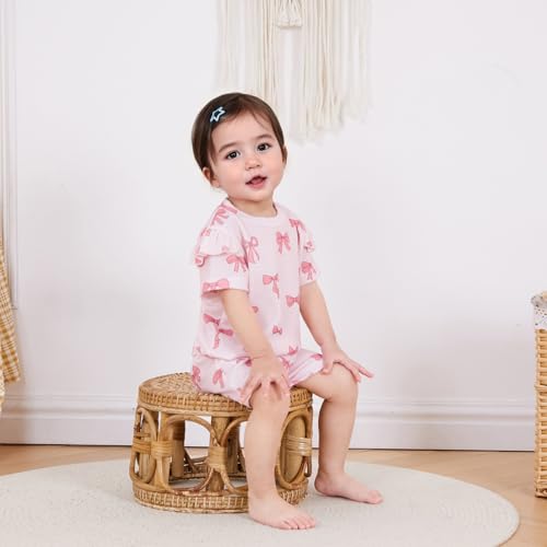 NZNDSHD Toddler Baby Girl Clothes Summer Bow Print Short Sleeve T-Shirt Tops Pockets Shorts Set Waffle Knit Outfit3