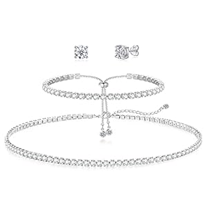 HAXIYA Tennis Necklace Bracelet for Women, Sterling Sliver Jewelry Set, Silver/Gold Chocker Necklace, Crystal Bracelet for Women, Wedding Jewelry for Bride, Sparkly Party Prom Hypoallergenic