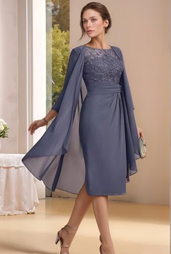 2 Pieces Mother of Bride Dress Women Chiffon Wedding Guest Party Dresses Tea Length Long Sleeve A-line Prom Gowns2