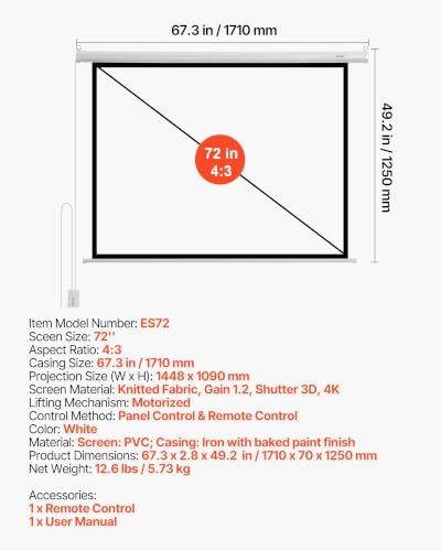Image of VEVOR Motorized Projector Screen, 72 inch 4:3 1080 HD Electric Projection Screen, Wall Mounted Projection Dispaly Projector with Remote Control, Automatic Movie Screen for Family Home Office Theater