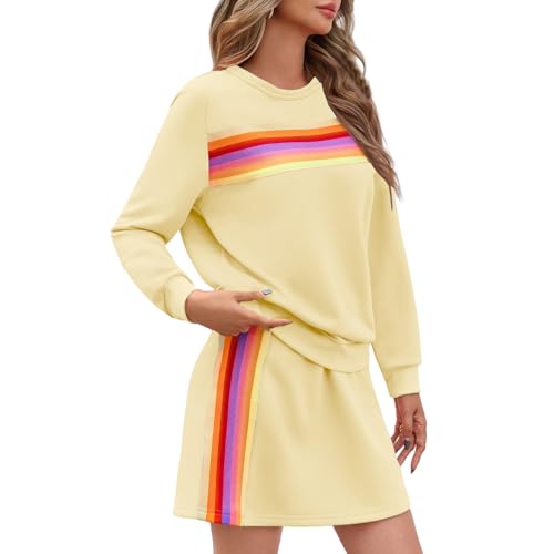 Womens 2 Piece Skirt Sets Trendy Rainbow Striped Long Sleeve Sweatshirt Mini Skirts Sets Matching Sweatsuits Outfits2