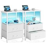 Seventable Set of 2 LED Bedside Tables with Charging Station & 2 Storage Drawers - Smart Night Stands with Double Plug Adaptor UK & 2 USB, Narrow Side Table for Bedroom Living Room Sofa - White