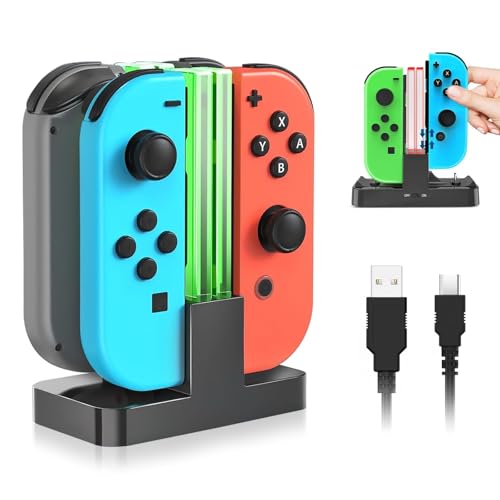 SJACXANM 4 en 1 cargador estación para Joy Con, cargador Joycon Switch, cargador interruptor de mando en carga simultánea de 4, con indicador LED, USB tipo C para Switch & OLED Model