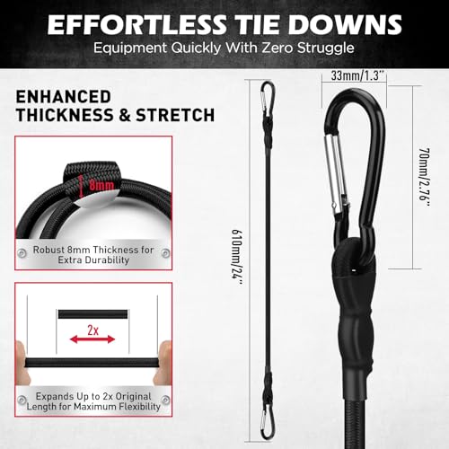 Image of 5-Piece 24 Inch Bungee Cords with Carabiner Hooks, Heavy Duty Rubber Elastic Tie Down Straps, Bungee Cord with Carabiner Clips for Cargo, Truck Bed, Camping, Motorcycle and Outdoor Use (Black)