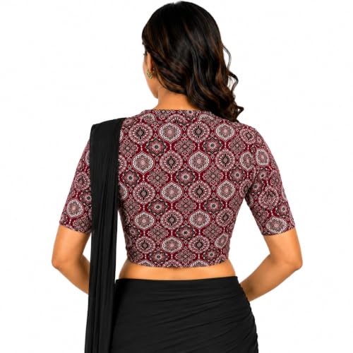 Image of Mogsa Women's Kalamkari Print Cotton Stretchable V-Neck Readymade Saree Blouse | Soft Cotton Blend | Stretch Fabric | Ready-to-Wear