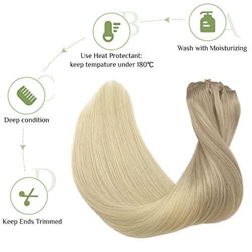 Image of DOORES Hair Extensions Clip in Human Hair, 10pcs 155g 14 Inch Balayage Ash Blonde to Golden Blonde and Platinum Blonde Remy Clip in Human Hair Extensions Natural Straight Hair Extensions