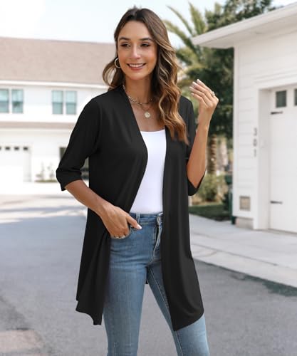 Womens Lightweight Open Front Cardigan Casual Loose Knit 3/4 Sleeves Fall Outwear Fashion2