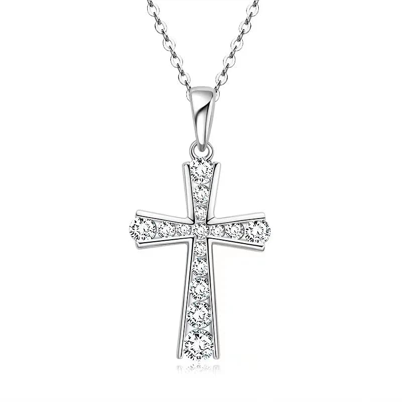 Collier croix en argent 925 et or blanc avec de fins zircons étincelants