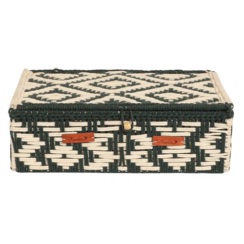 Image of Kaahira Handmade Decorative Storage Box and Organiser | Macrame Gift Hamper Box for Cosmetics, Toiletries & Return Gifts | Aesthetic Rope Woven Organizer (Green and White, Medium - 10x8x4 inches)
