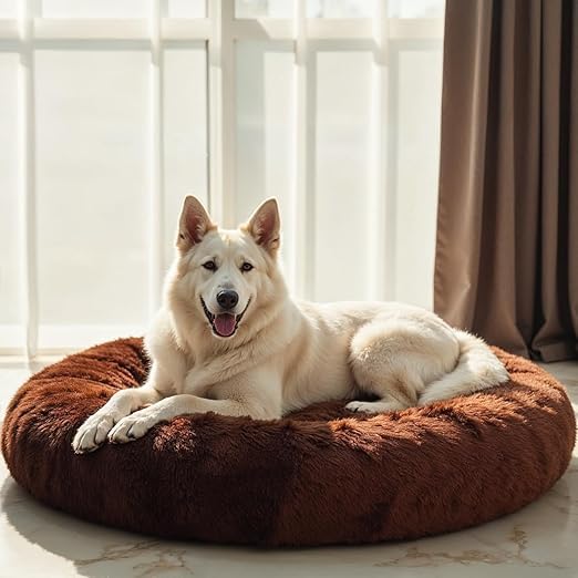 Image of ZEXSAZONE Round Donut Pet Bed for Cats and Puppies Dogs mat, Cozy and Plush, Raised Bedside Support, Both Sides Use Like 2 in 1, Washable, Sizes for Small, Medium Pets. Coffee, Size- 70x70x15 cm
