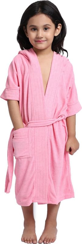 ELEVANTO Girl's Half Sleeve Soft Terry Bathrobe with Hood (Pink-Rani)(10-11YEAR)-picture-11