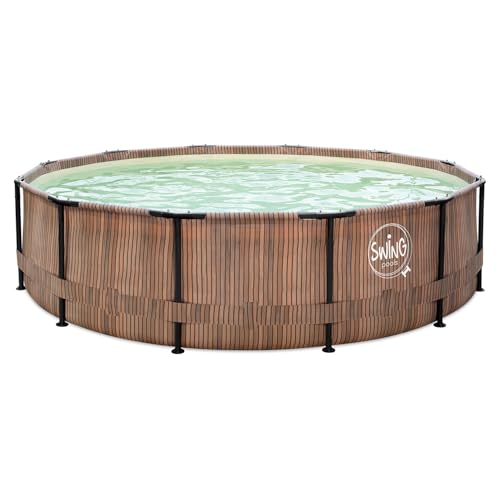 HAF® Swing Metal Frame Pool 366 x 91 cm Skimmer - Naturliche braune Holz-Optik - ca. 8.300 L Wasserkapazität - Hochwerti