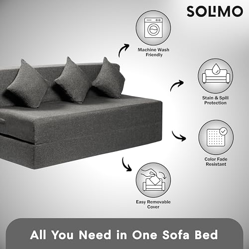 Image of Amazon Brand - Solimo 3 Seater 5 * 6 Jute Fabric Washable Cover Sofa Cum Bed with 3 Cushions 3 Seater Double Foam Fold Out Sofa Cum Bed (Finish Color - Grey Delivery Condition - Pre-Assembled)
