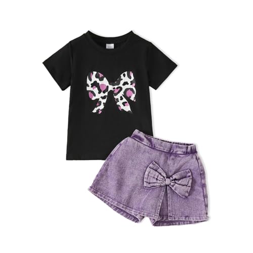 Image of Azmxynol Kid Girls Clothes Outfits Bowknot T-Shirt + 2 In 1 Denim Short Skort Summer Clothing Set, Size 4-10 Years