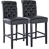 Kmax Counter Height Bar Stools Set of 2 Tufted Leather barstools Mid Century Wood Bar Stools with Back for Kitchen Island Indoor, Black