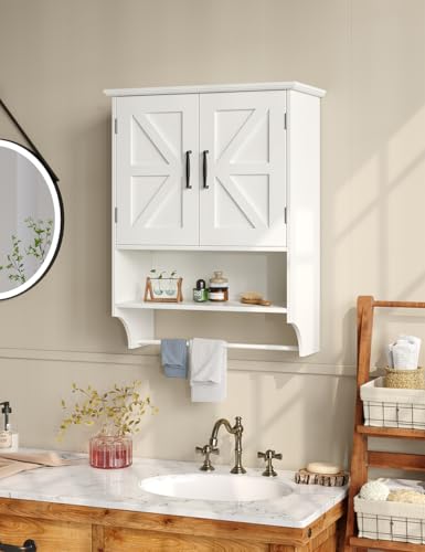 Tatub Farmhouse Bathroom Wall Cabinet, Wall Mounted Wood Medicine Cabinet Over Toilet, Hanging Bathroom Organizer with Behind Door Storage, White