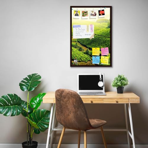 Image of ArtzFolio Tea Plantations, Munnar, Kerala | Bulletin Board Notice Pin Board | Vision Soft Board Combo with Thumb Push Pins & Sticky Notes | Dark Brown Frame | 12 x 18 inch (30 x 46 cms)