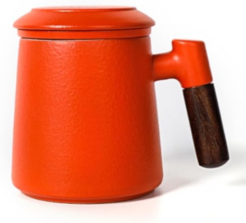 MLTUN MAKAN セラミックマグカップ、お茶分離カップ、フィルター付き茶碗、木製ハンドル、蓋付き、ろ過、大容量、オフィスお茶、耐熱、繰り返し使用可能、誕生日プレゼント、祝日プレゼント (オレンジ,ギフトボックス)