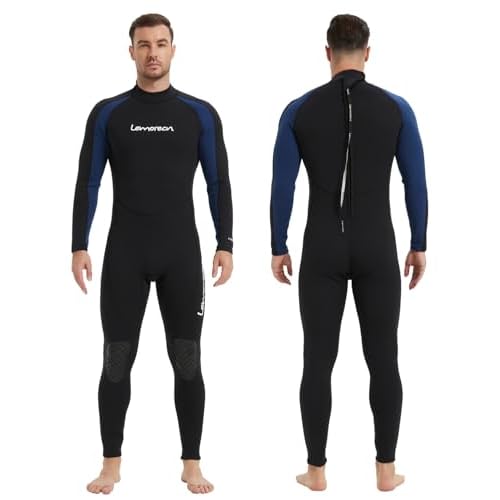 Lemorecn Wetsuit Men 3/2mm Back Zip Full Wetsuits Black Blue(3031blackblue-L)