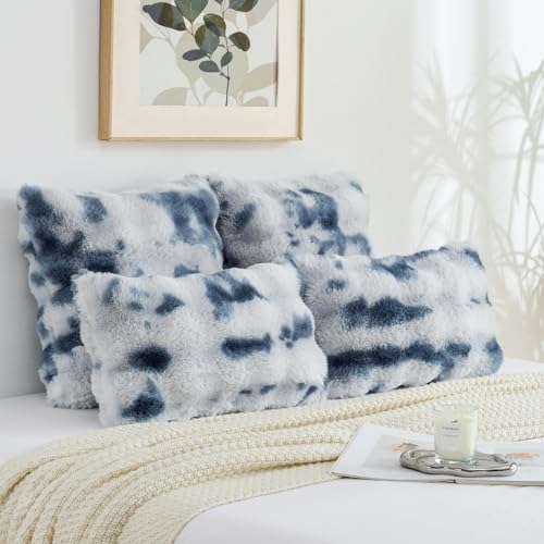 FUTEI Blue White Decorative Throw Pillow Covers 20x20 Inch Set of 2,Soft Fuzzy Faux Rabbit Fur Cushion Covers with Raised Texture,Neutral Boho Home Decor for Couch Bed Living Room