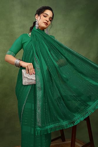 Image of MIRCHI FASHION Saree for Woman Georgette Solid with Satin Stripes | Stone Border Farewell and Ceremonial Sari with Blouse Piece