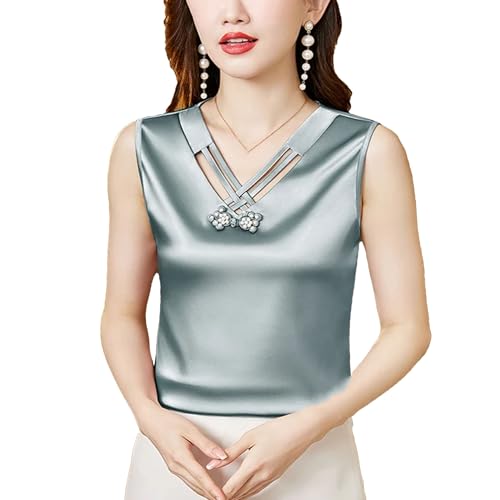 Women's Silk Satin Tank Tops Sleeveless V-Neck Casual Work Office Camisole Sexy Hollow Out Casual Summer Vest Lounge Wear