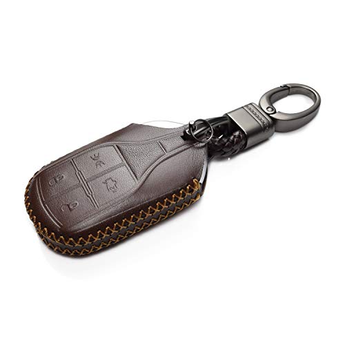 Image of Vitodeco Genuine Leather Smart Key Fob Case Cover Protector with Key Chain Clip - Compatible for Maserati Ghibli, Levante, Quattroporte - Light Button, Brown