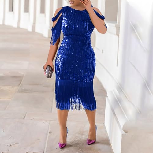 Image of Cololura Sexy Elegant Women Sequin Long Sleeve Tassel Bodycon Midi Dress Party Evening Gown Formal Dress