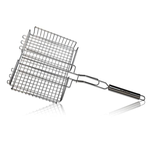 RUSTLER Grillkorb Fischhalter aus Edelstahl in Silber 25 x 31,5 x 5,5 cm Kochfläche, Aufhängeöse und höhenverstellbaren Grillnetz für Gemüse, Fisch und Fleisch