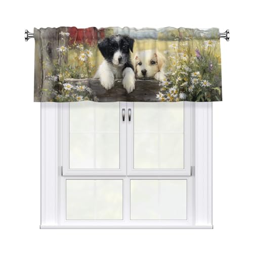 mutakin Dogs Valance Curtain for Kitchen Window Light Filtering Rod Pocket Small Short Valances for Living Room Bathroom 1 Panel 52x18 Inch