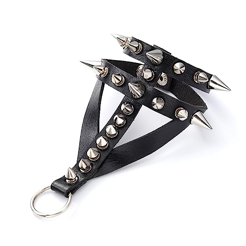 Punk Leather Bracelets Spiked Studded Bracelet Gothic Rock Bracelets with Ring Black Cuff Wristband for Women and Men