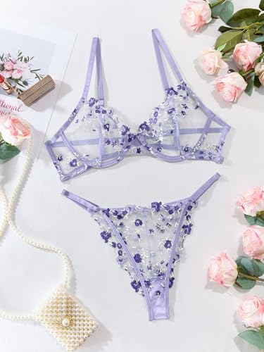 Image of Lilosy Sexy Floral Embroidered Mesh Sheer Underwire Lingerie Set