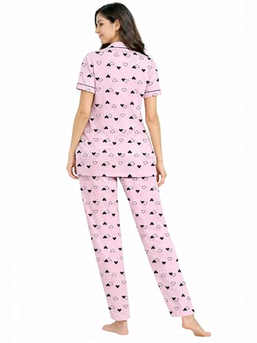 Image of Kuchipoo Women's 100% Cotton Nightwear Pajama Set | Printed Half Sleeve Button-Down Top & Full Length Pyjama | Soft Comfortable Sleepwear