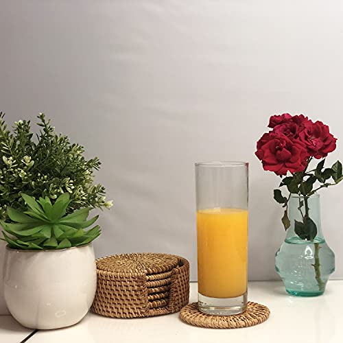 Handmade Natural Rattan Coasters for Drinks, Wicker Boho Woven Coasters Set of 6 with Holder | Heat Resistant Reusable Saucers, Round Straw Trivet for Teacup