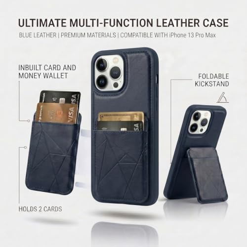 Image of amazon basics Premium Vegan Leather Back Cover with Card Holder and Integrated Mobile Stand for iPhone 13 Pro Max - Slim Shockproof Wallet Case with Geometric Stitching [Blue]