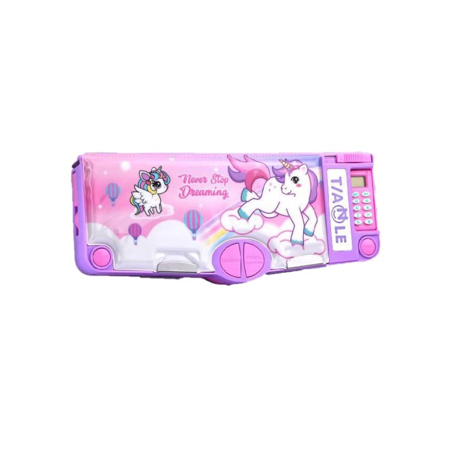 Image of KiddieWorld School Students Pencil Box with Calculator Cute Cartoon Stationary Compass for Boys Geometry Box with Inbuilt Scissor Ruler & Sharpener Magnetic Box Best Gifts (Uni Calculator)