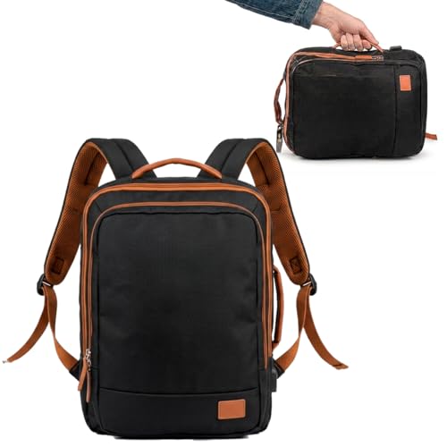 Bvx Mochila Mala de Viagem Expansível 35L, Preta com Detalhes Caramelo, Oxford Impermeável, Compartimento para Notebook, Porta USB