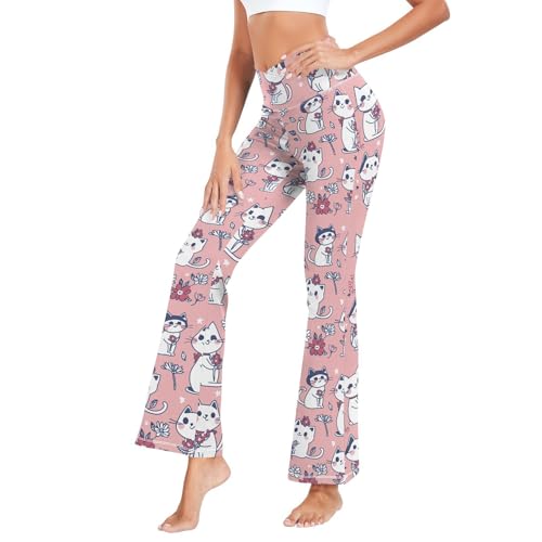 voucong Leggings y pantalones de yoga para mujer, diseño de gato y flores, color rosa, mallas finas para viajes, Rosa dibujos animados flor gato anime, Medium