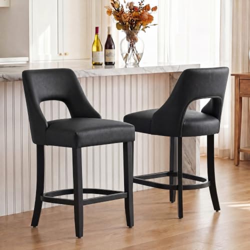 Image of UVV Bar Stools Set of 4, Modern Upholstered Counter Height Bar Stools, Faux Leather Counter Stools BarStools with Wood Legs for Kitchen Island Dining Room Bar, Black