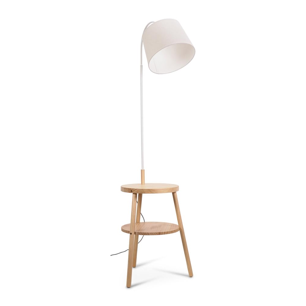 Valuelights Unisex Natural Crowther Wooden Side Table Shelved Tripod Floor Lamp With Fabric Shade & Bulb In