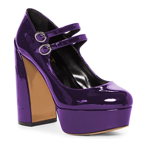 FOWT Gothic Lolita Platform Mary Janes Shoes for Women Two Ankle Buckles Pumps Strappy Round Toe High Heels Patent Leather Lolita Dress School Uniform Cosplay Shoes for Girls Size 4-16 US