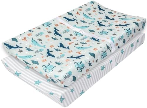 My Little Zone Nautical Changing Pad Cover for Boys - Cotton Changing Table Mattress Pad for Baby - Ocean Whales, Narwhals and Star Fishes, 2 Pack