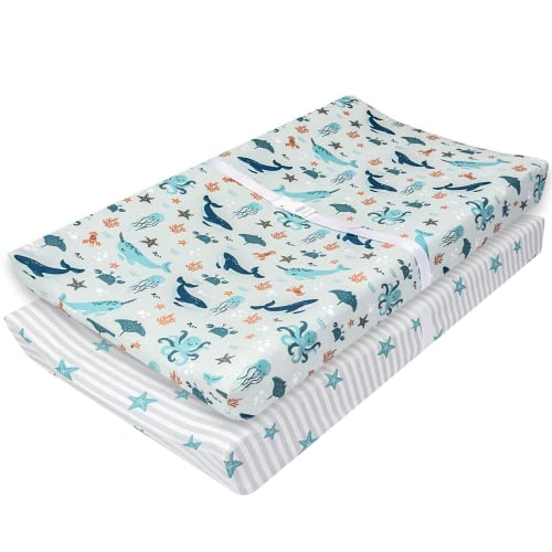 My Little Zone Nautical Changing Pad Cover For Boys - Cotton Changing Table Mattress Pad For Baby - Ocean Whales, Narwhals And Star Fishes, 2 Pack #TOP2